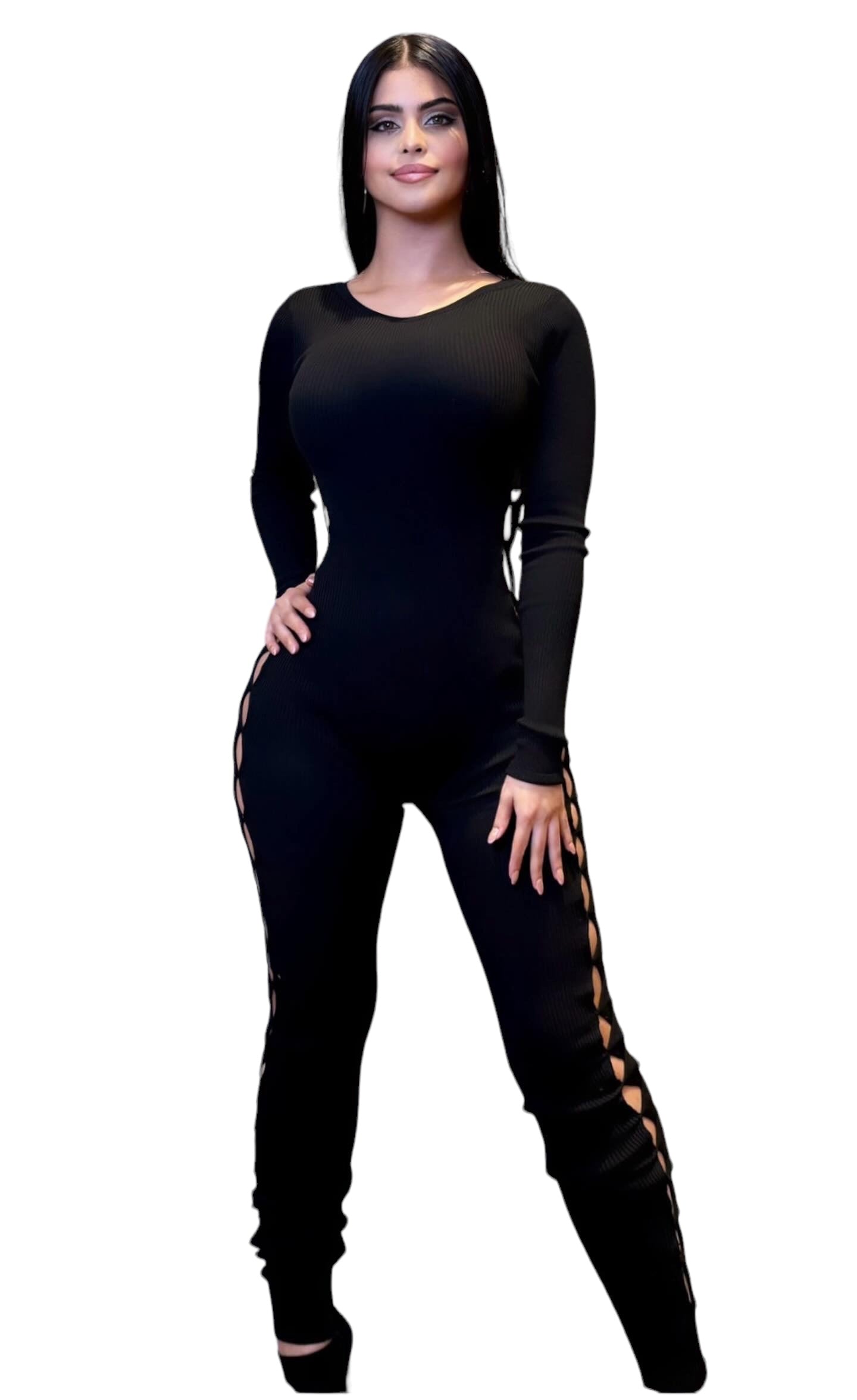 Long Sleeve Trimmed Cat Suit Black