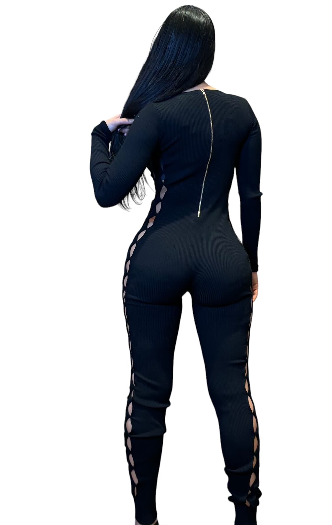 Long Sleeve Trimmed Cat Suit Black