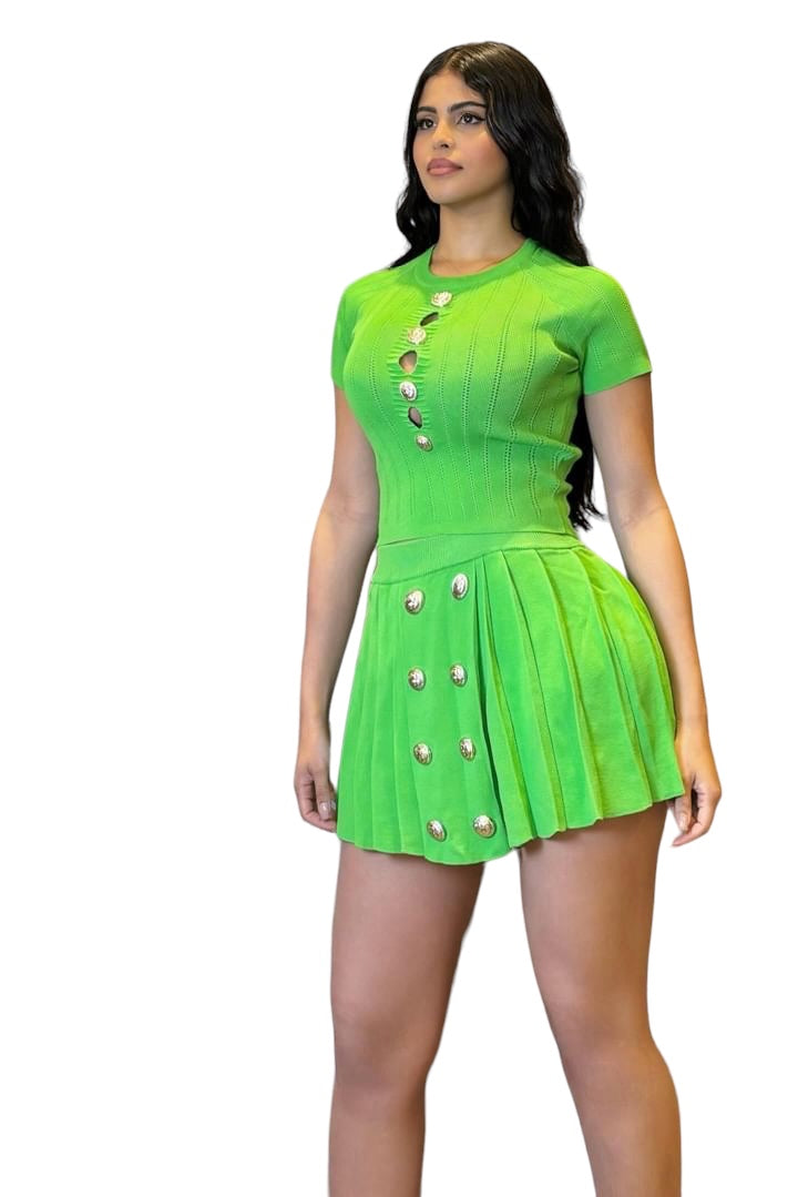 Knitted Button with Skirt 2 piece set Green