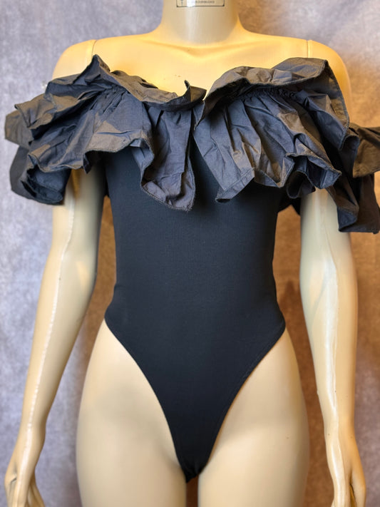 Ruffled Body Suit Black