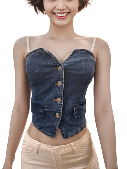 Denim Button Crop Top Medium Blue