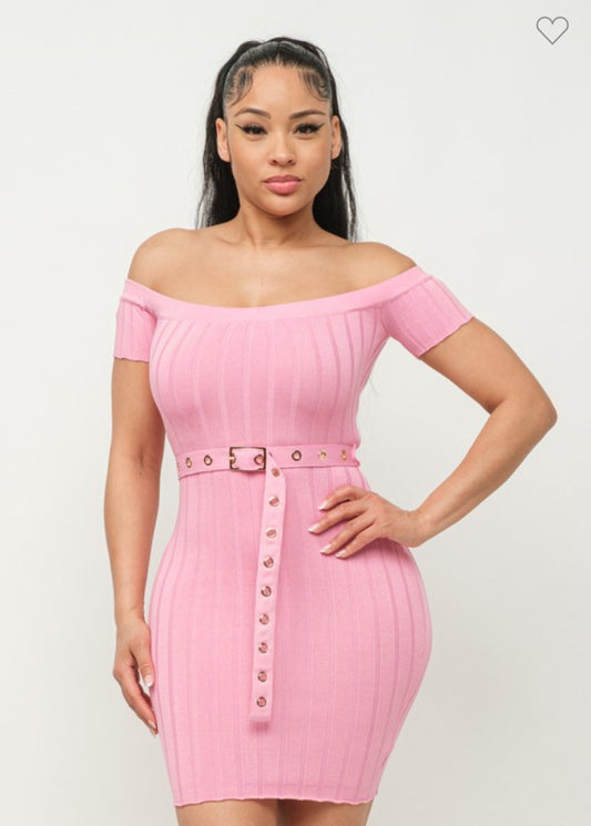 Off Shoulder Ribbed Mini Dress/Belt Pink