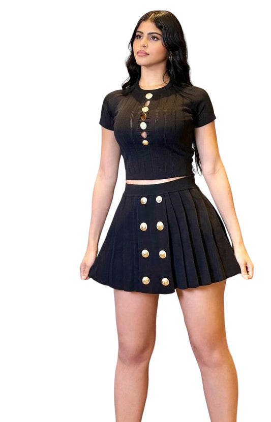 Knitted Button with Skirt 2 piece set Black