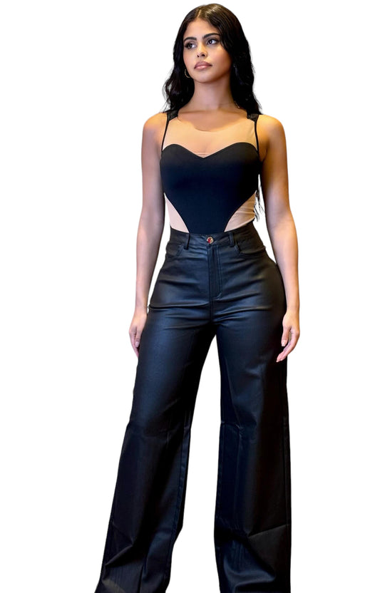 Leather Wide Bottom Pants Black