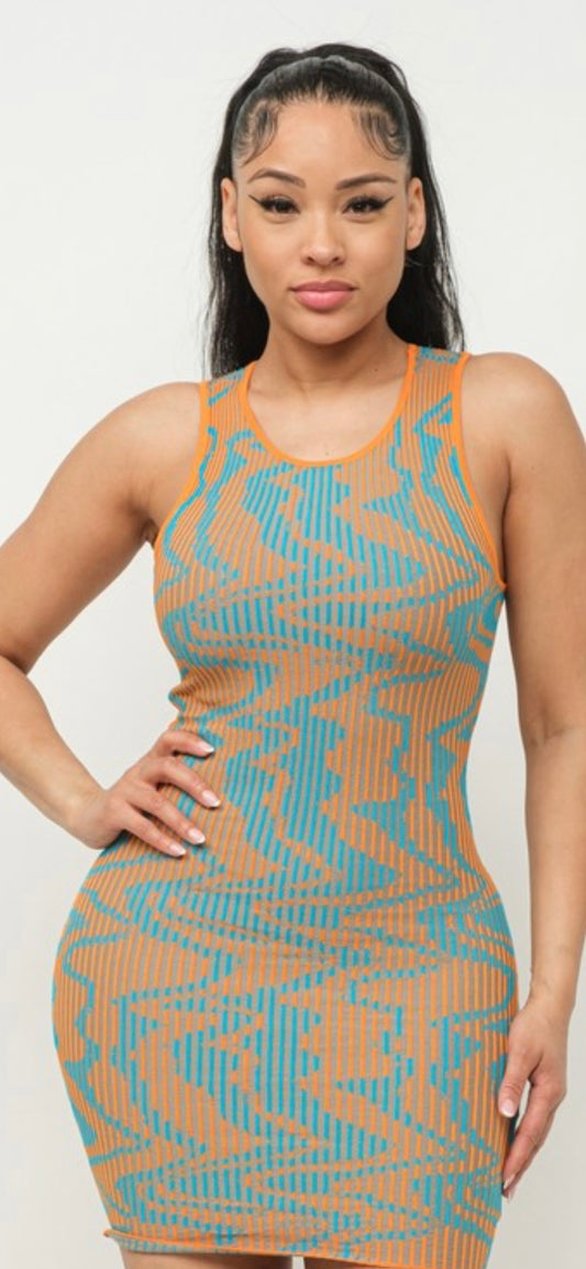 Sleeveless Mirrow Wave Mini Dress Orange