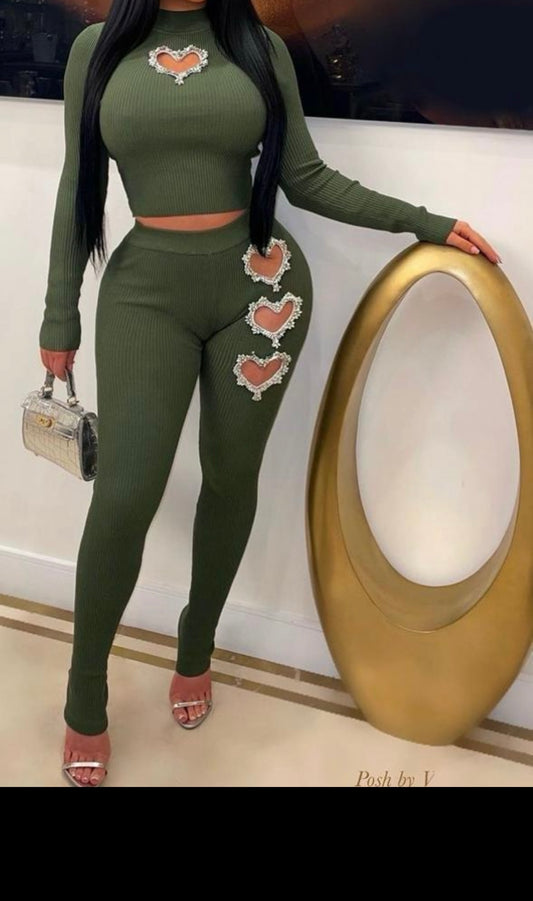 Heart Pants Set Olive