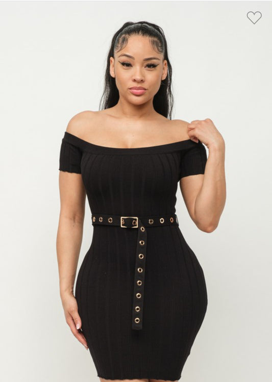 Off Shoulder Ribbed Mini Dress/Belt Black