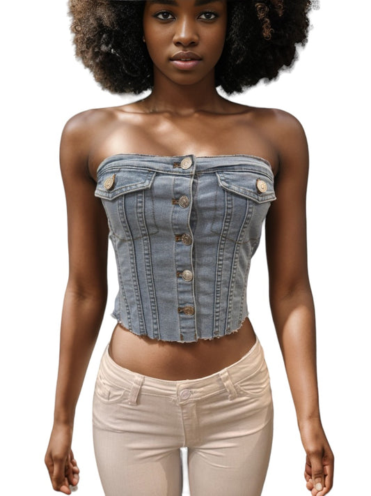 Denim Button Crop Top Light Blue