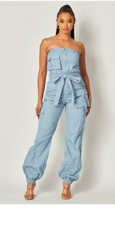 Strapless Cargo Jumpsuit Blue