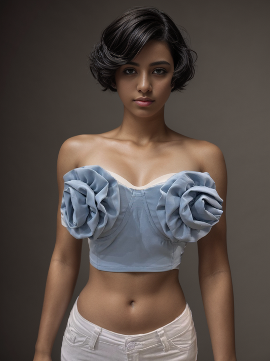 Double Flower Strapless Shirt Baby Blue